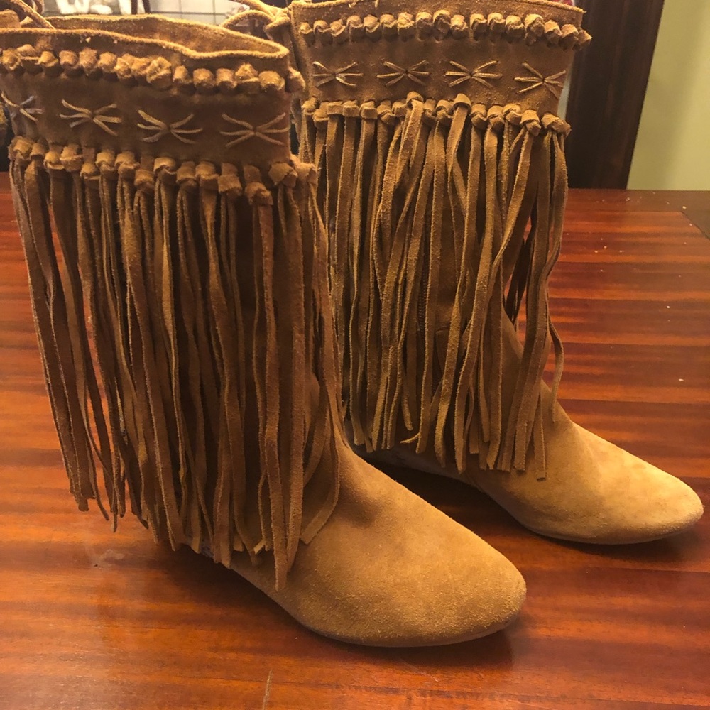 Carlos Falchi Tan Fringe Wedge Boots